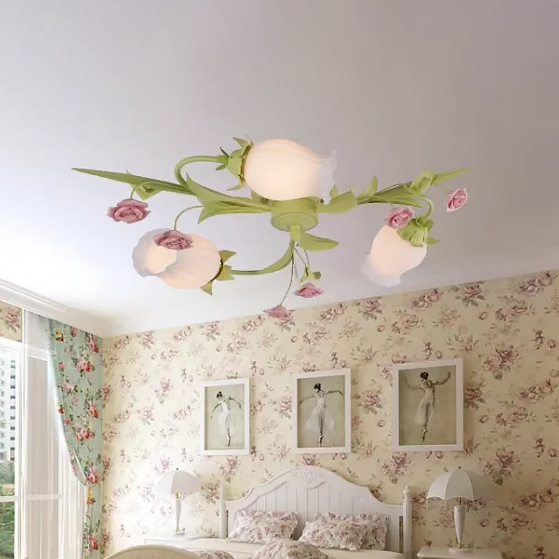 Frosted White Glass Ruffle Semi Flush Lamp - Green Pastoral Ceiling Light With 3 Lights For Bedroom