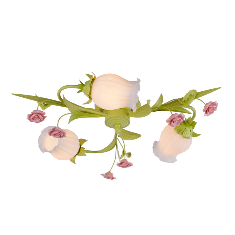 Frosted White Glass Ruffle Semi Flush Lamp - Green Pastoral Ceiling Light With 3 Lights For Bedroom