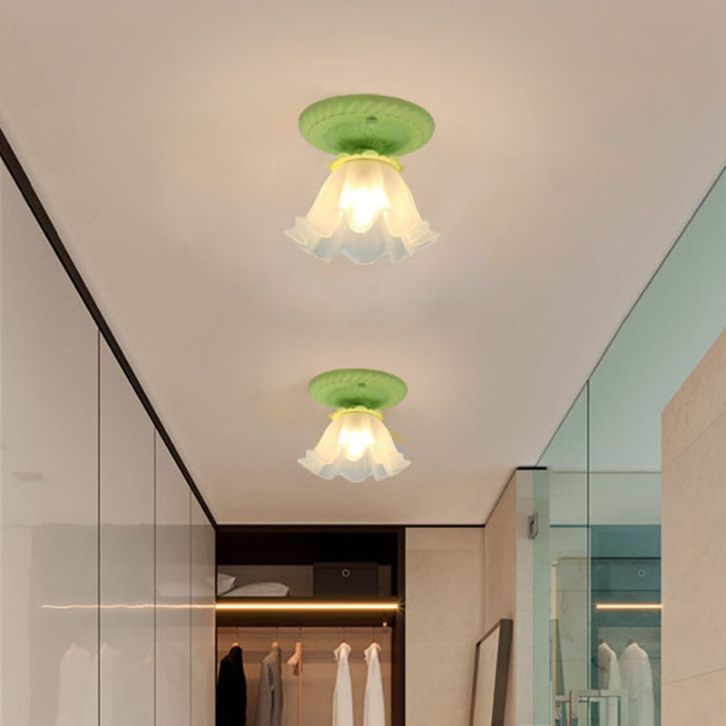 Pastoral Style Floral Flush Ceiling Light - White/Green/Pink, Frosted Glass, Single Bulb, Flush Mounted Lamp
