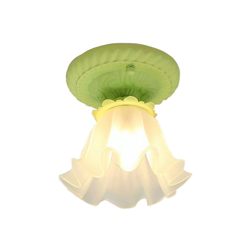 Pastoral Style Floral Flush Ceiling Light - White/Green/Pink, Frosted Glass, Single Bulb, Flush Mounted Lamp