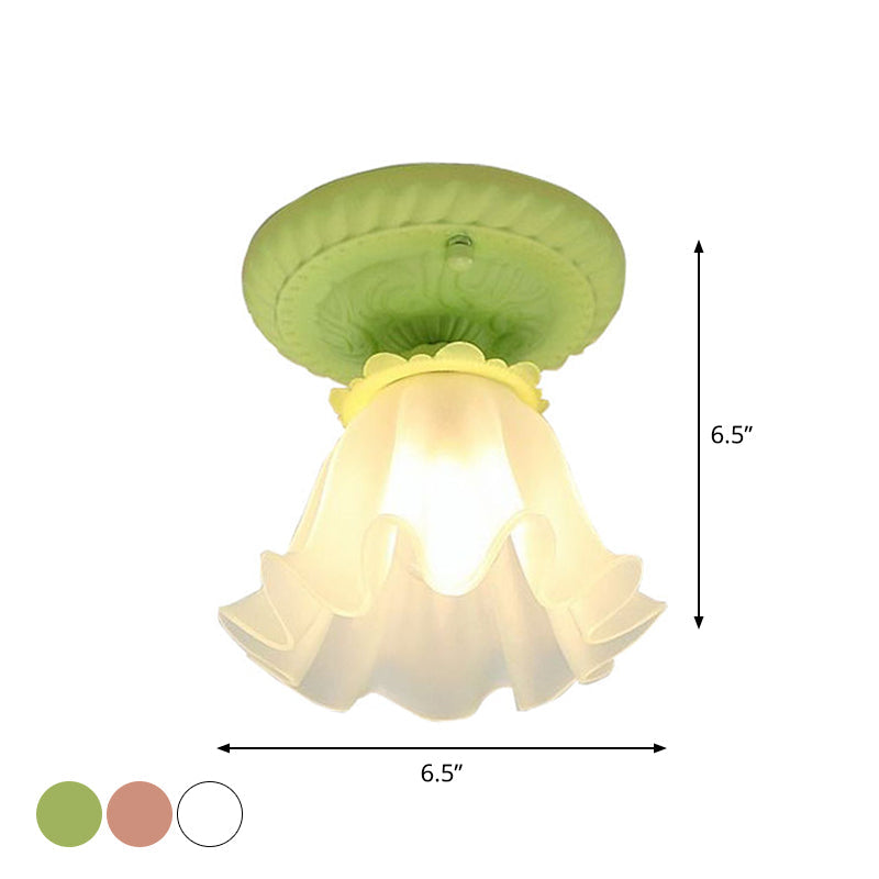 Pastoral Style Floral Flush Ceiling Light - White/Green/Pink Frosted Glass Single Bulb Mounted Lamp