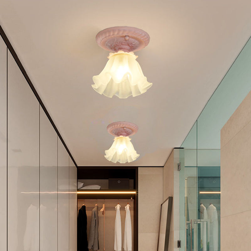 Pastoral Style Floral Flush Ceiling Light - White/Green/Pink Frosted Glass Single Bulb Mounted Lamp