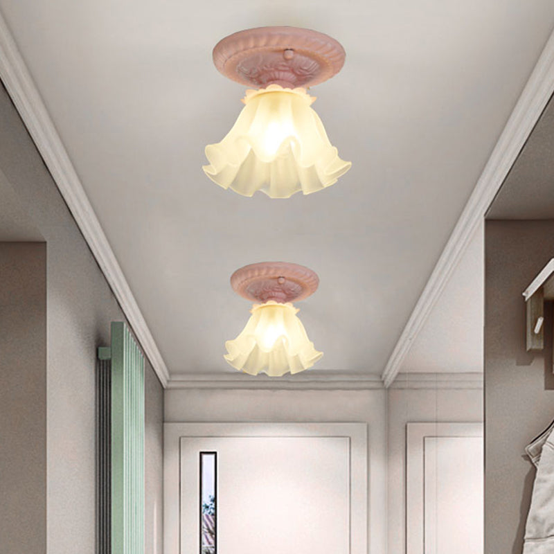 Pastoral Style Floral Flush Ceiling Light - White/Green/Pink, Frosted Glass, Single Bulb, Flush Mounted Lamp