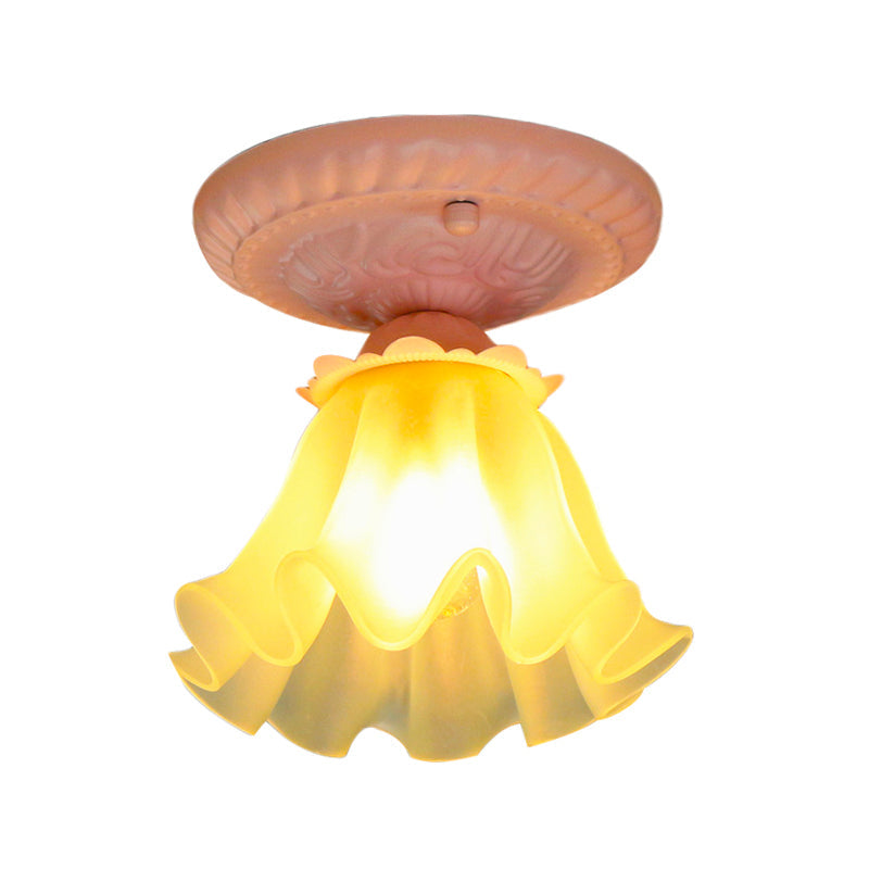 Pastoral Style Floral Flush Ceiling Light - White/Green/Pink Frosted Glass Single Bulb Mounted Lamp