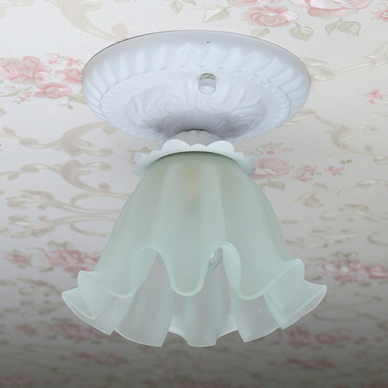 Pastoral Style Floral Flush Ceiling Light - White/Green/Pink Frosted Glass Single Bulb Mounted Lamp