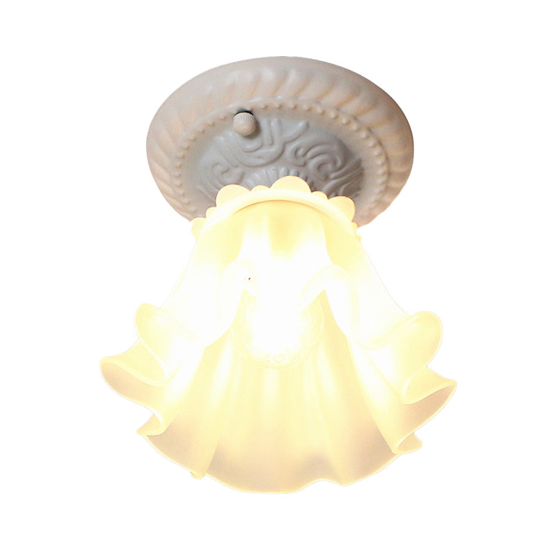 Pastoral Style Floral Flush Ceiling Light - White/Green/Pink, Frosted Glass, Single Bulb, Flush Mounted Lamp