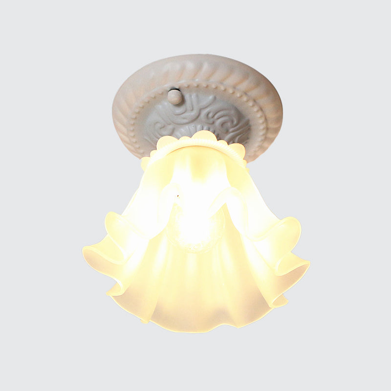 Pastoral Style Floral Flush Ceiling Light - White/Green/Pink Frosted Glass Single Bulb Mounted Lamp
