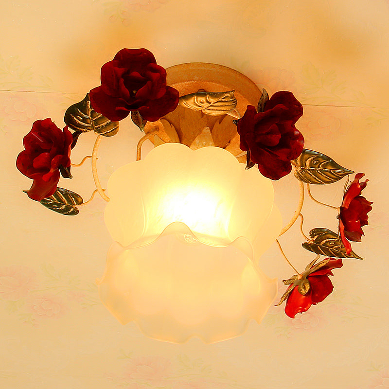Lampe de jardin coréenne semi-encastrée à volants - Plafonnier en verre blanc givré avec décoration en rose rouge