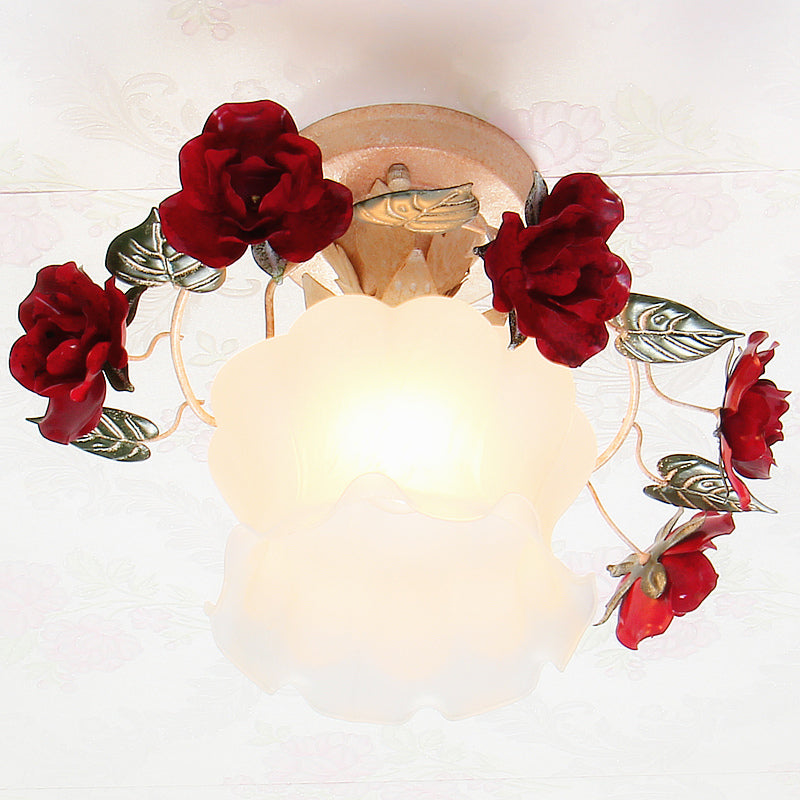 Lampe de jardin coréenne semi-encastrée à volants - Plafonnier en verre blanc givré avec décoration en rose rouge