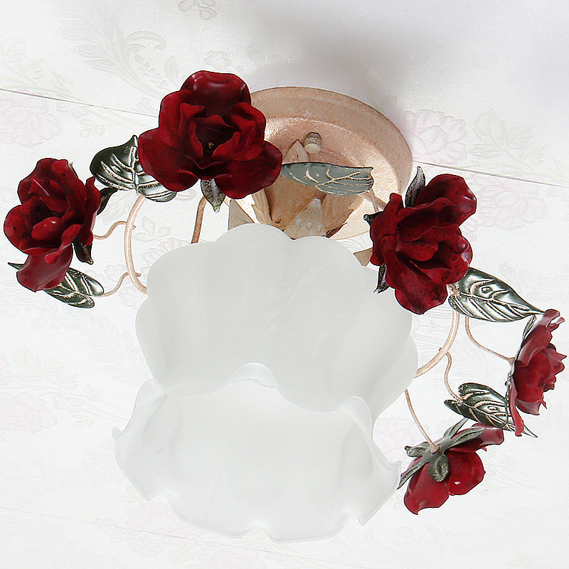Lampe de jardin coréenne semi-encastrée à volants - Plafonnier en verre blanc givré avec décoration en rose rouge