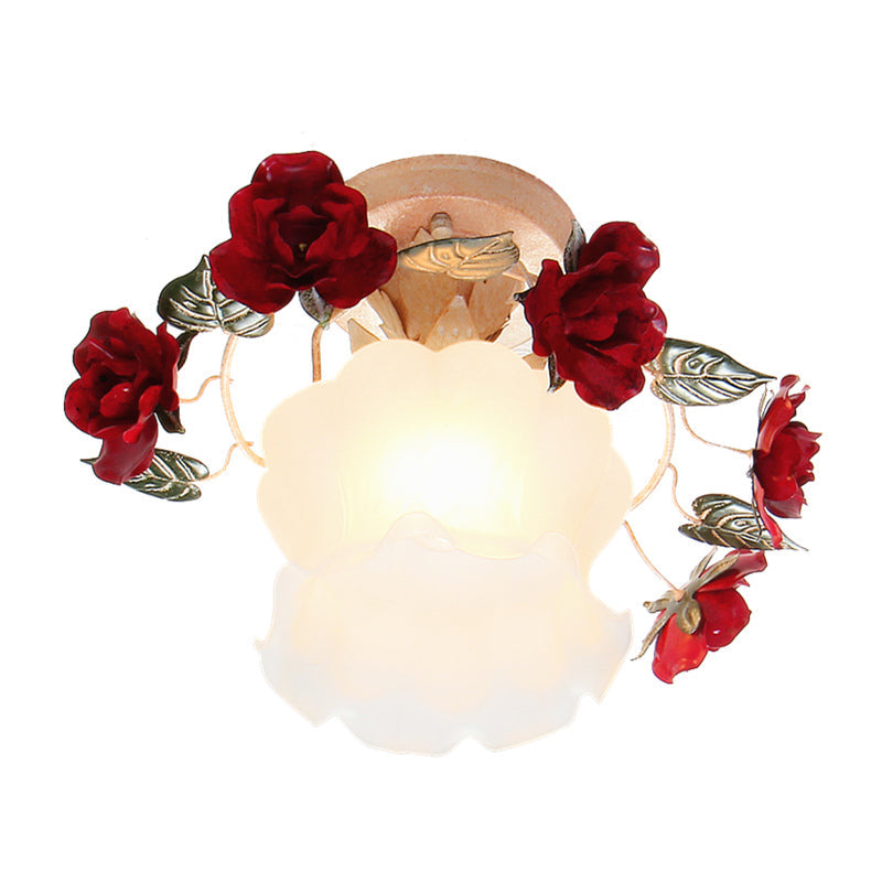 Lampe de jardin coréenne semi-encastrée à volants - Plafonnier en verre blanc givré avec décoration en rose rouge