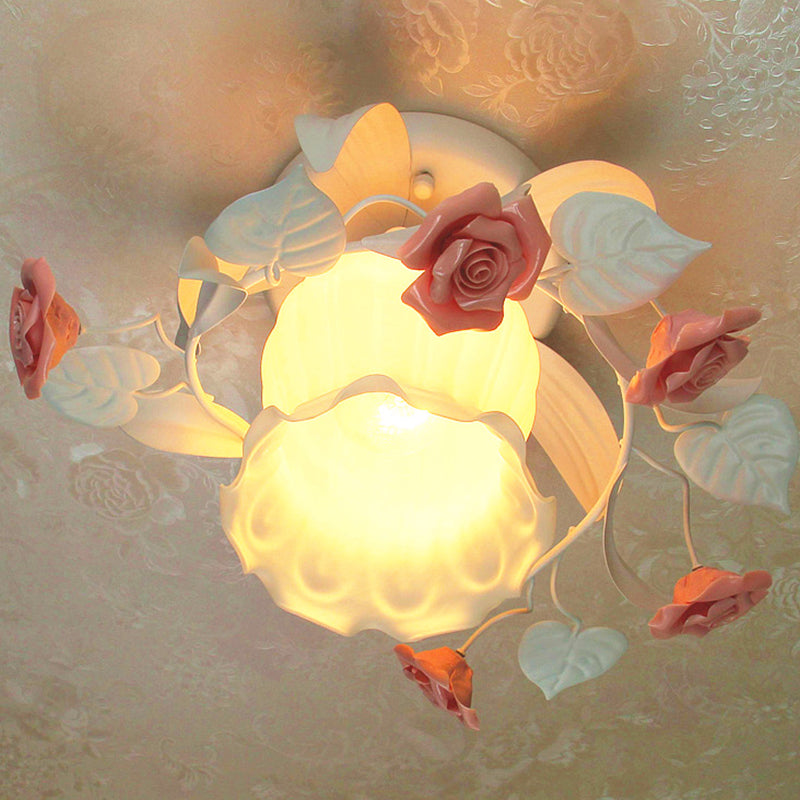 Semi Flush Mount Lamp - Korean Garden White Frosted Glass Ceiling Light With Ruffle Design And