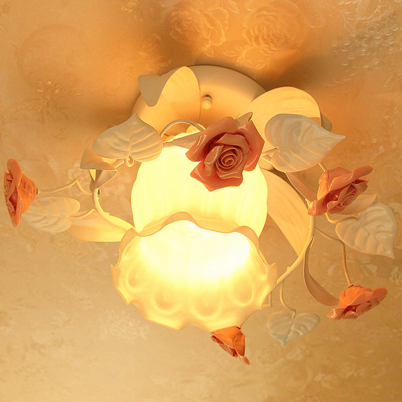 Semi Flush Mount Lamp - Korean Garden White Frosted Glass Ceiling Light With Ruffle Design And