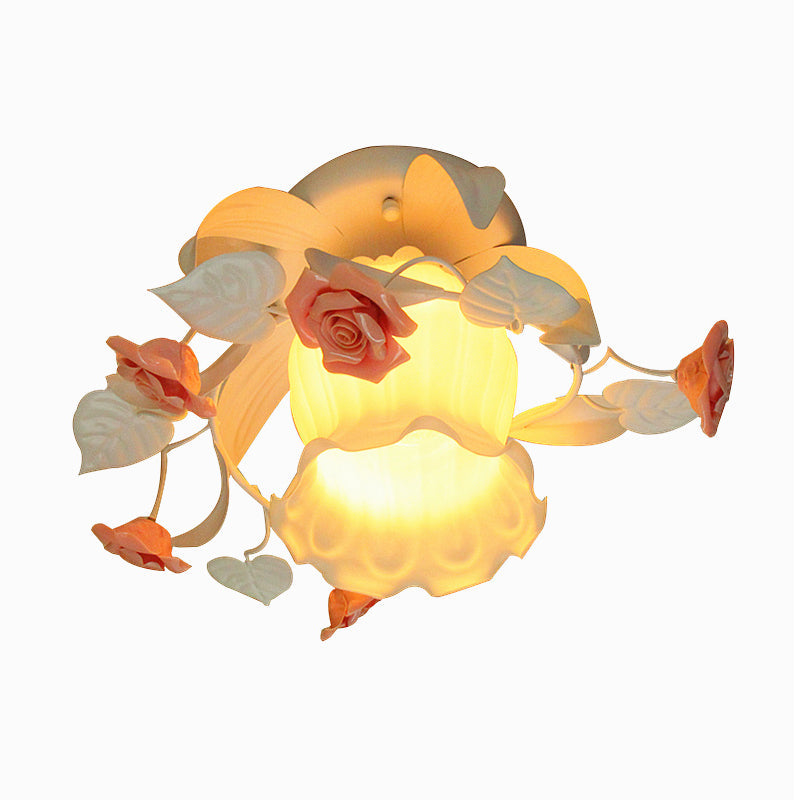 Semi Flush Mount Lamp - Korean Garden White Frosted Glass Ceiling Light With Ruffle Design And