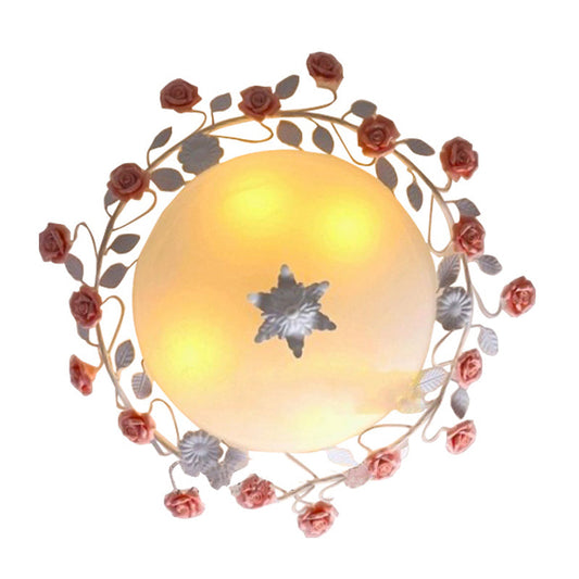 Rose Frosted Glass Flush Mount Ceiling Light for Bedrooms - 3 Lights - Pastoral Design in White