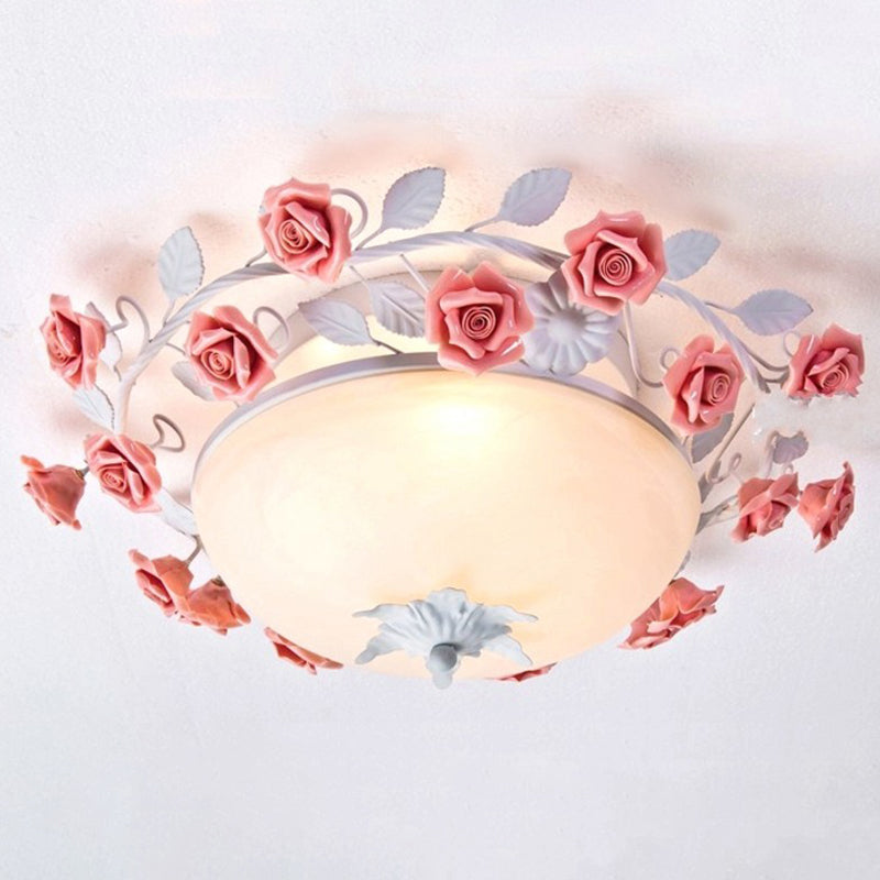 Plafonnier encastré en verre dépoli rose pour chambres à coucher - 3 lumières - Design pastoral en blanc