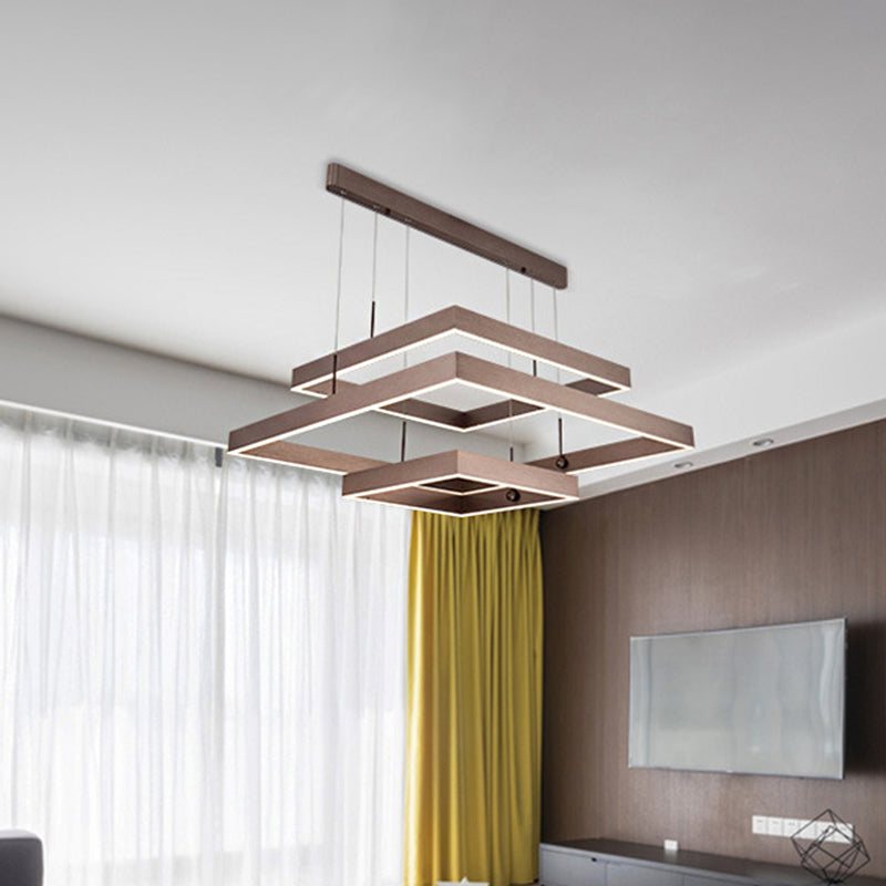 Modernist LED Office Ceiling Chandelier - Layered Square Design - Coffee Finish - Warm/White Light - 3-Light