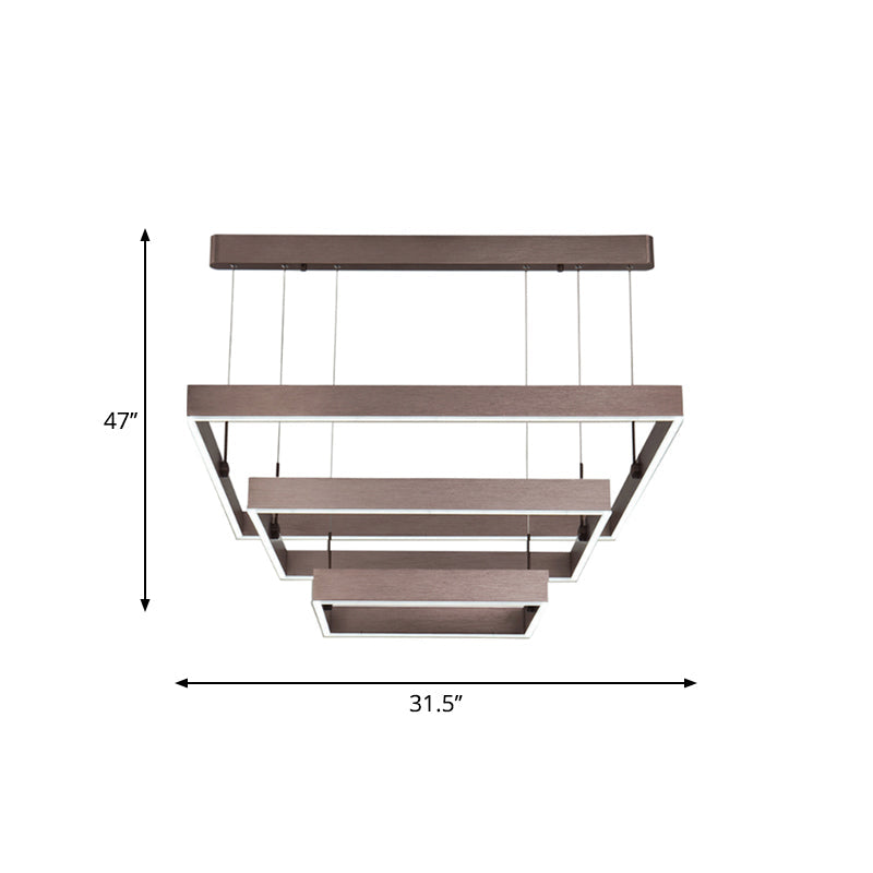 Modernist LED Office Ceiling Chandelier - Layered Square Design - Coffee Finish - Warm/White Light - 3-Light