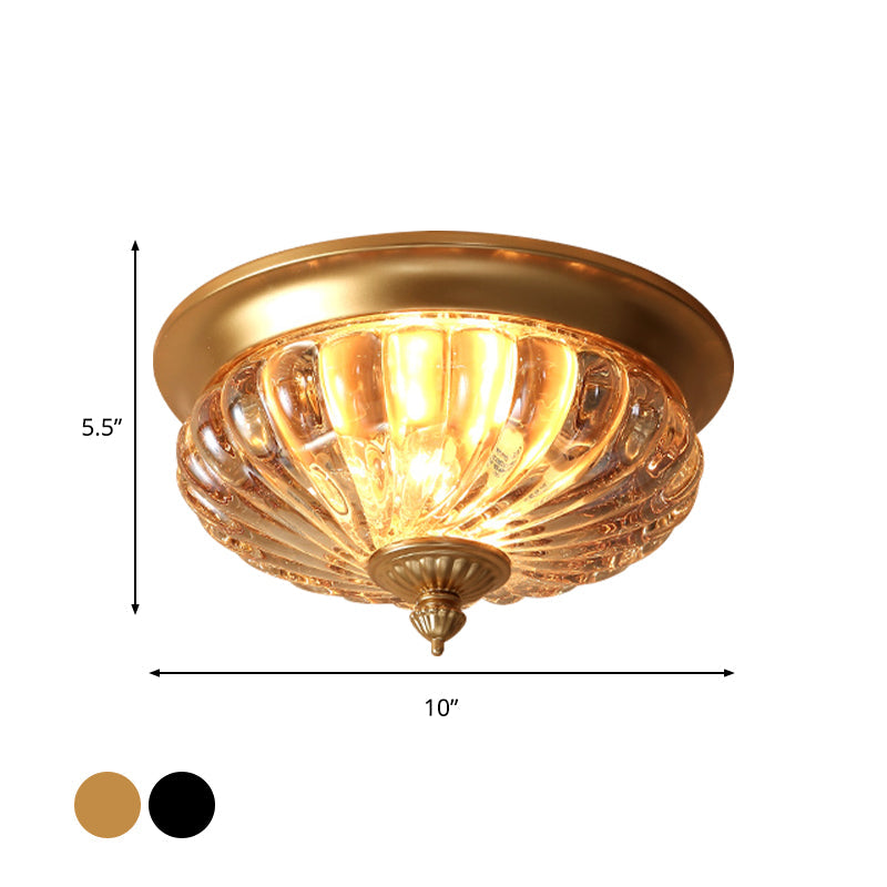 Vintage Crown Shape Flush Mount Light Fixture - 12"/10" Wide, Clear Ribbed Glass, 2 Lights, Black/Gold