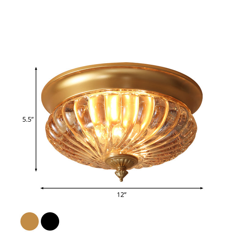Vintage Crown Shape Flush Mount Light Fixture - 12/10 Wide Clear Ribbed Glass 2 Lights Black/Gold