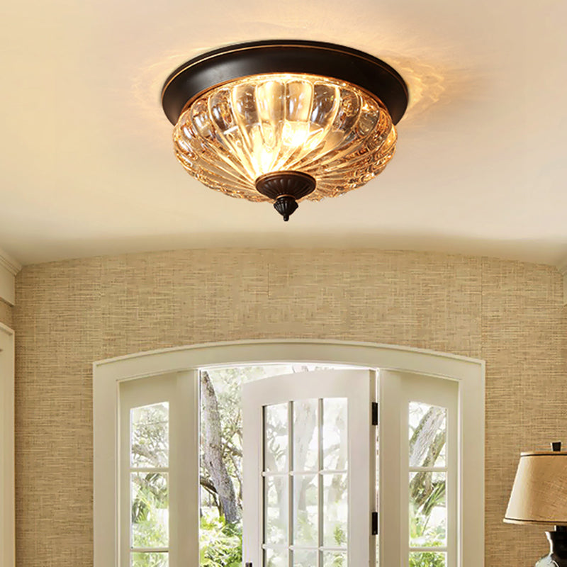 Vintage Crown Shape Flush Mount Light Fixture - 12"/10" Wide, Clear Ribbed Glass, 2 Lights, Black/Gold