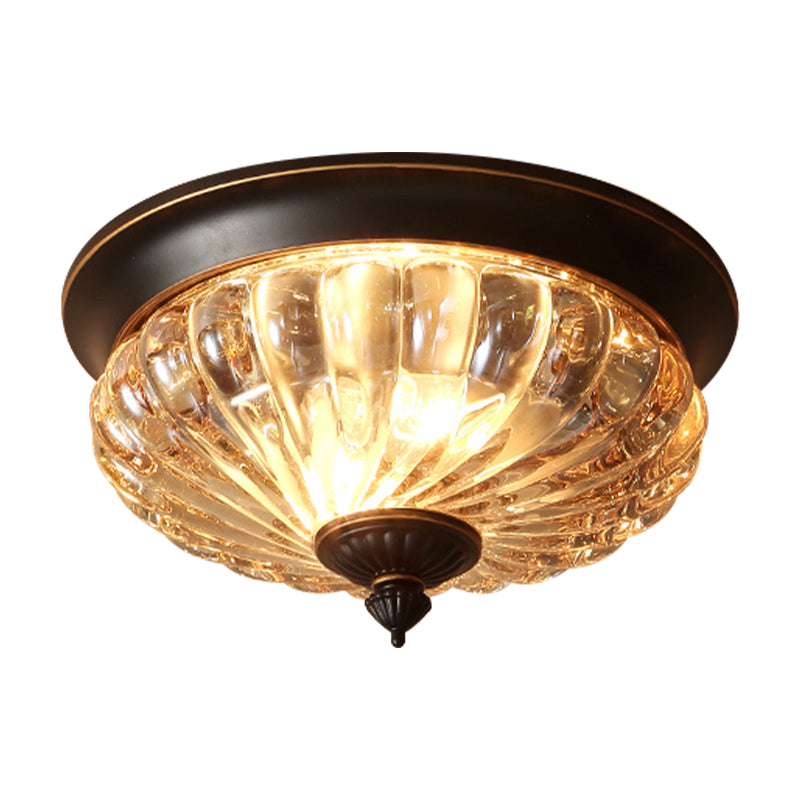 Vintage Crown Shape Flush Mount Light Fixture - 12/10 Wide Clear Ribbed Glass 2 Lights Black/Gold
