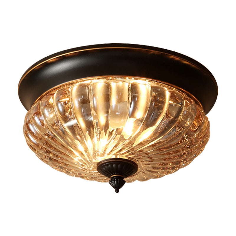 Vintage Crown Shape Flush Mount Light Fixture - 12"/10" Wide, Clear Ribbed Glass, 2 Lights, Black/Gold