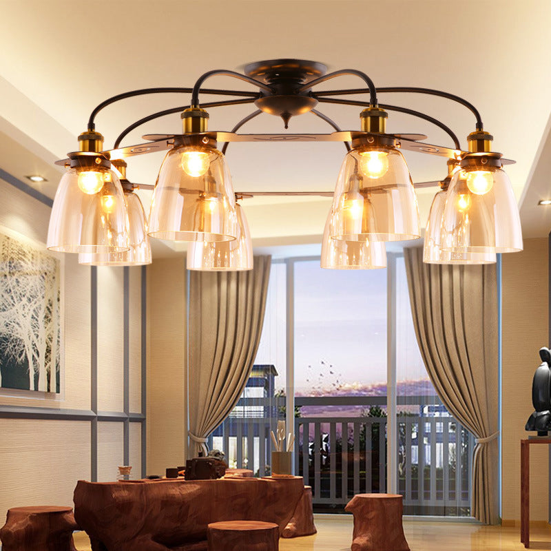 Industrial Semi-Flush Aged Brass Ceiling Lamp With Cognac Glass Bell Shades - 3/5/6 Heads For Living