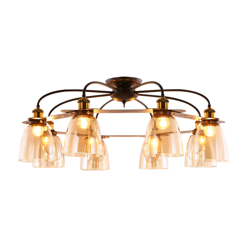 Industrial Cognac Glass Bell Semi Flush Ceiling Lamp (3/5/6 Heads) in Aged Brass - Perfect for Living Room