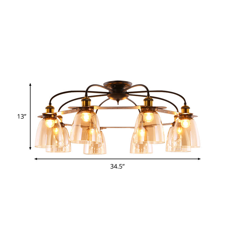Industrial Semi-Flush Aged Brass Ceiling Lamp With Cognac Glass Bell Shades - 3/5/6 Heads For Living