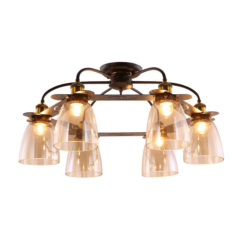 Industrial Semi-Flush Aged Brass Ceiling Lamp With Cognac Glass Bell Shades - 3/5/6 Heads For Living