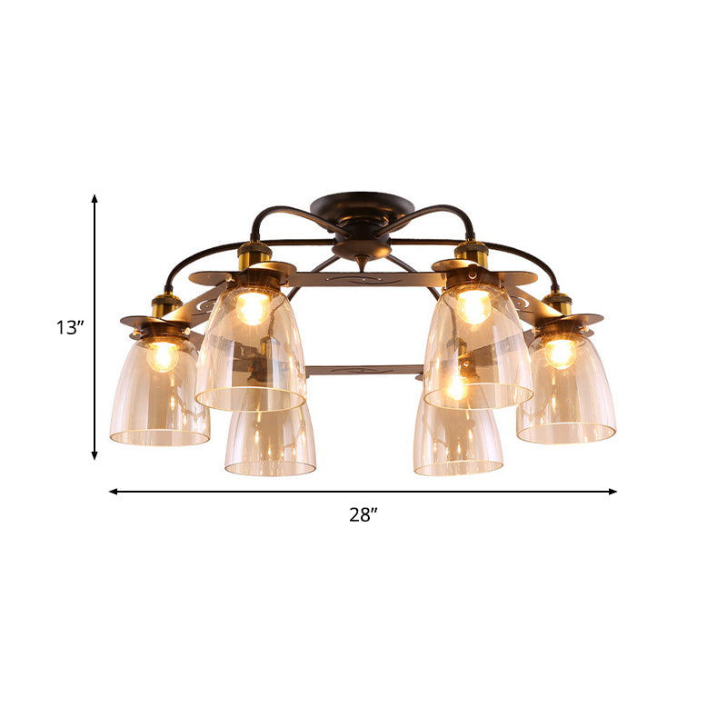 Industrial Semi-Flush Aged Brass Ceiling Lamp With Cognac Glass Bell Shades - 3/5/6 Heads For Living