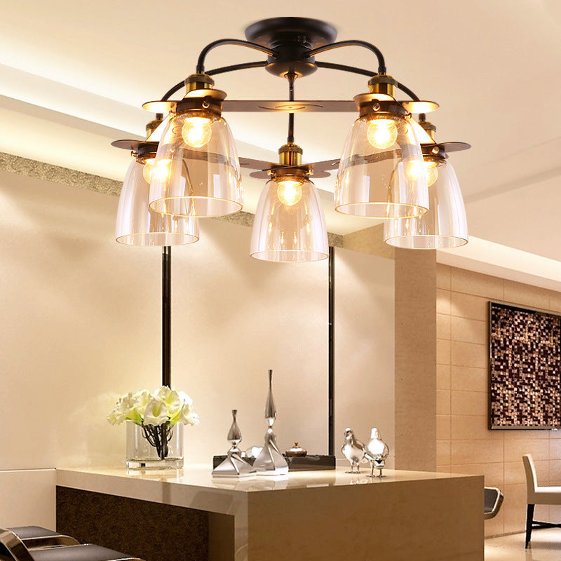 Industrial Semi-Flush Aged Brass Ceiling Lamp With Cognac Glass Bell Shades - 3/5/6 Heads For Living