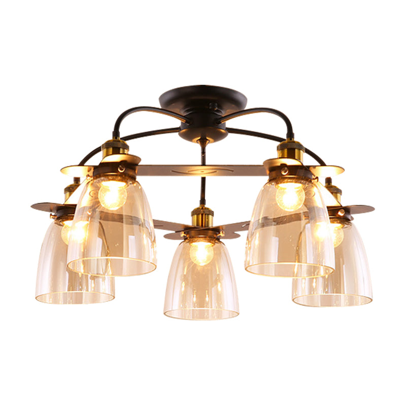 Industrial Semi-Flush Aged Brass Ceiling Lamp With Cognac Glass Bell Shades - 3/5/6 Heads For Living