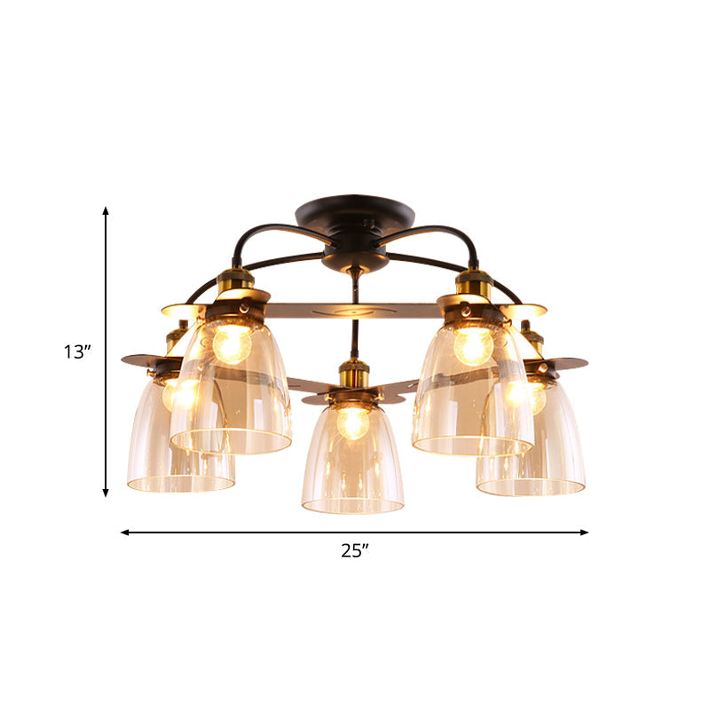 Industrial Semi-Flush Aged Brass Ceiling Lamp With Cognac Glass Bell Shades - 3/5/6 Heads For Living