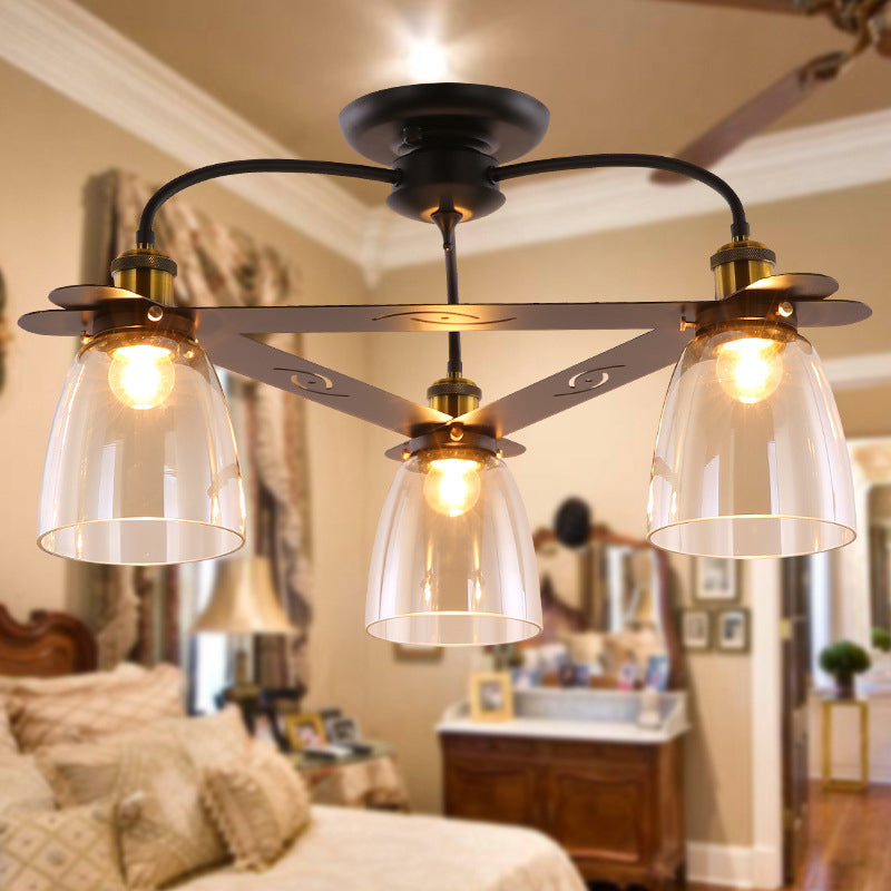 Industrial Semi-Flush Aged Brass Ceiling Lamp With Cognac Glass Bell Shades - 3/5/6 Heads For Living