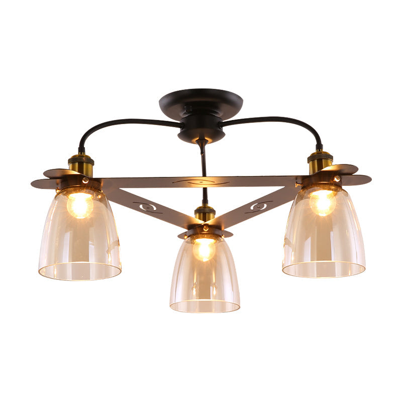 Industrial Semi-Flush Aged Brass Ceiling Lamp With Cognac Glass Bell Shades - 3/5/6 Heads For Living