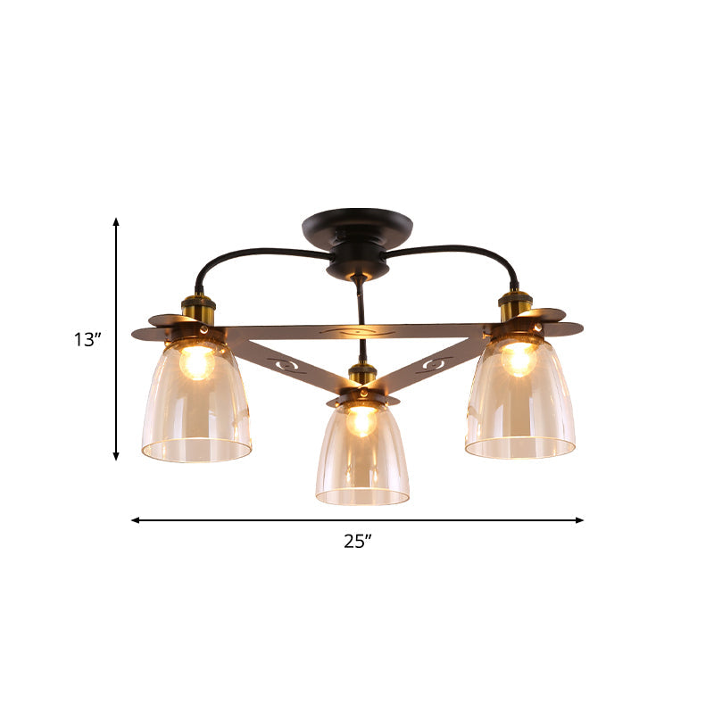 Industrial Semi-Flush Aged Brass Ceiling Lamp With Cognac Glass Bell Shades - 3/5/6 Heads For Living