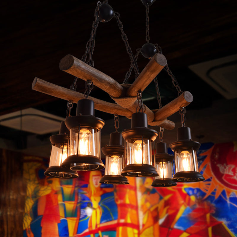 Lanterne suspendue industrielle en bois à 6 têtes pour lustre de restaurant
