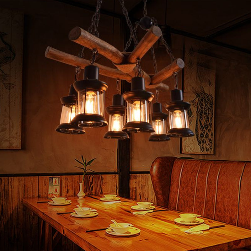 Lanterne suspendue industrielle en bois à 6 têtes pour lustre de restaurant