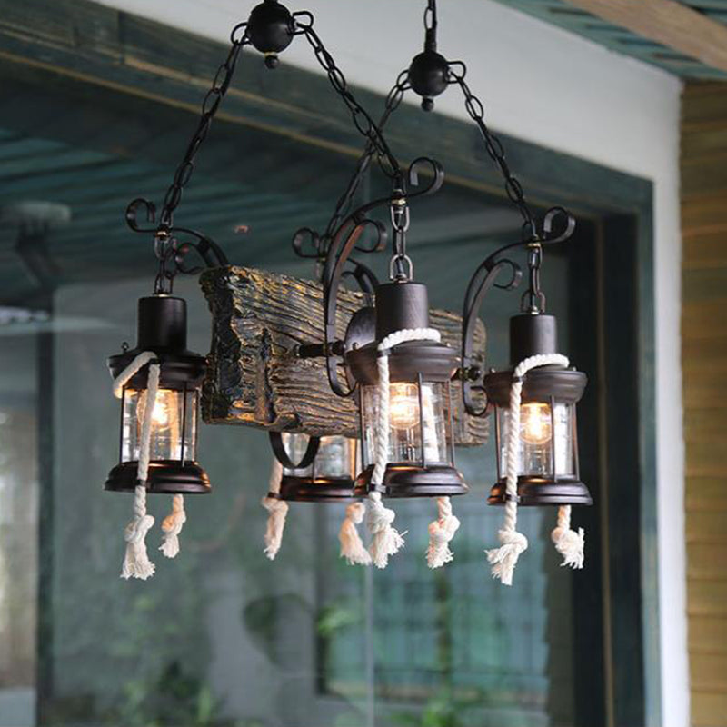 Lustre industriel en verre transparent avec accents en bois pour plafond de restaurant - Lampe suspendue lanterne à 4/6 têtes