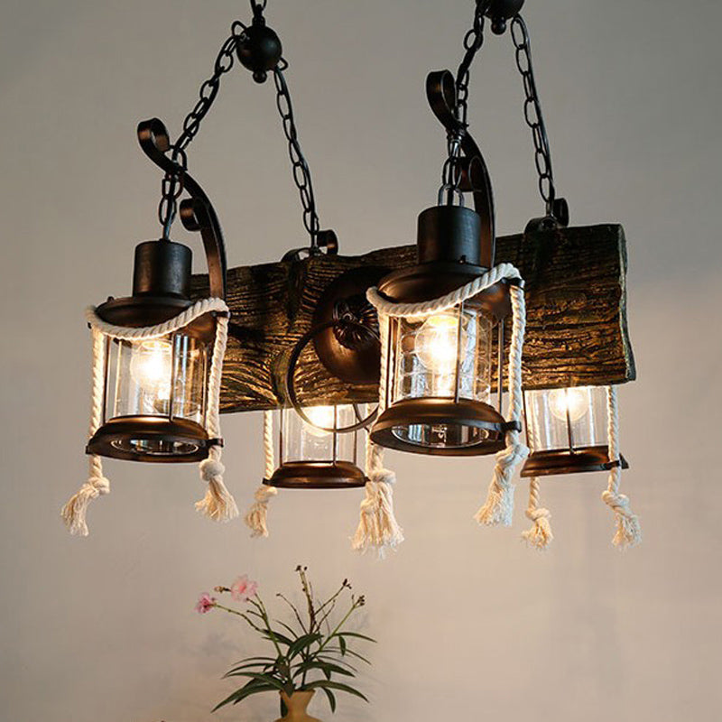 Lustre industriel en verre transparent avec accents en bois pour plafond de restaurant - Lampe suspendue lanterne à 4/6 têtes