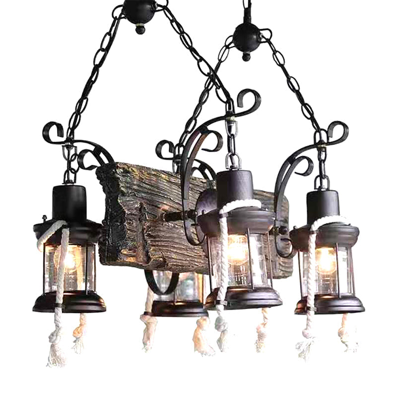 Lustre industriel en verre transparent avec accents en bois pour plafond de restaurant - Lampe suspendue lanterne à 4/6 têtes