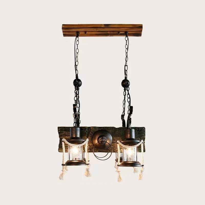 Lustre industriel en verre transparent avec accents en bois pour plafond de restaurant - Lampe suspendue lanterne à 4/6 têtes