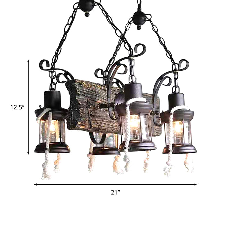 Lustre industriel en verre transparent avec accents en bois pour plafond de restaurant - Lampe suspendue lanterne à 4/6 têtes