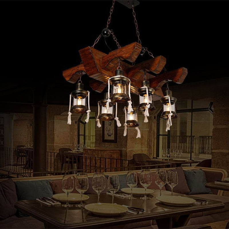 Lustre industriel en verre transparent avec accents en bois pour plafond de restaurant - Lampe suspendue lanterne à 4/6 têtes