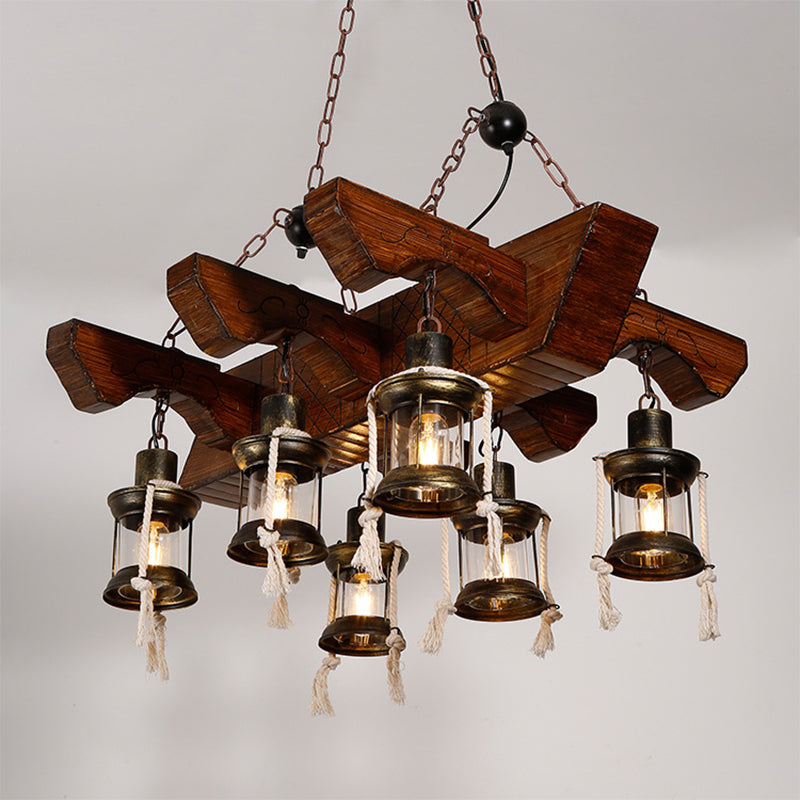Lustre industriel en verre transparent avec accents en bois pour plafond de restaurant - Lampe suspendue lanterne à 4/6 têtes