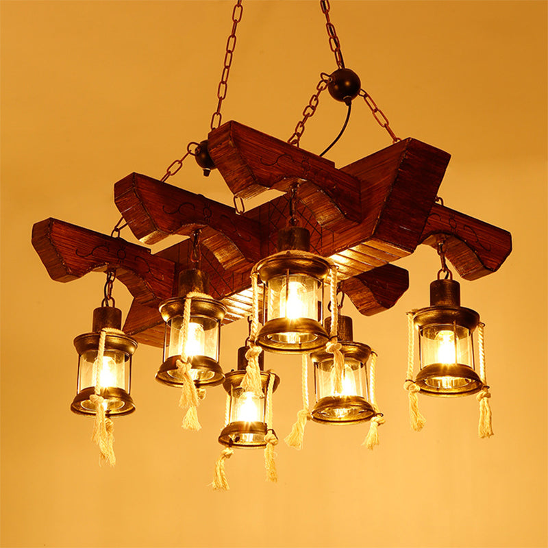 Lustre industriel en verre transparent avec accents en bois pour plafond de restaurant - Lampe suspendue lanterne à 4/6 têtes