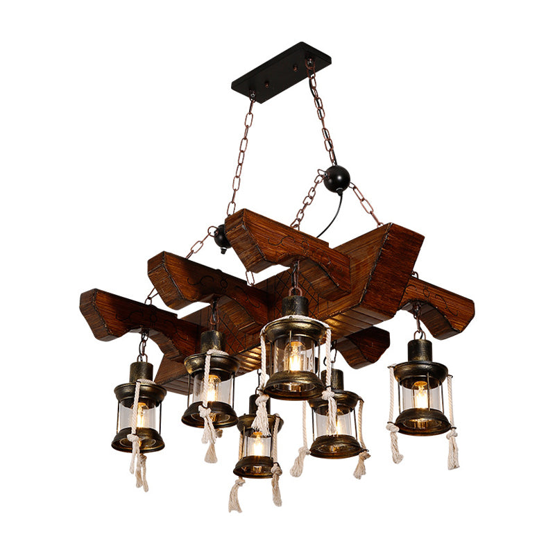 Lustre industriel en verre transparent avec accents en bois pour plafond de restaurant - Lampe suspendue lanterne à 4/6 têtes