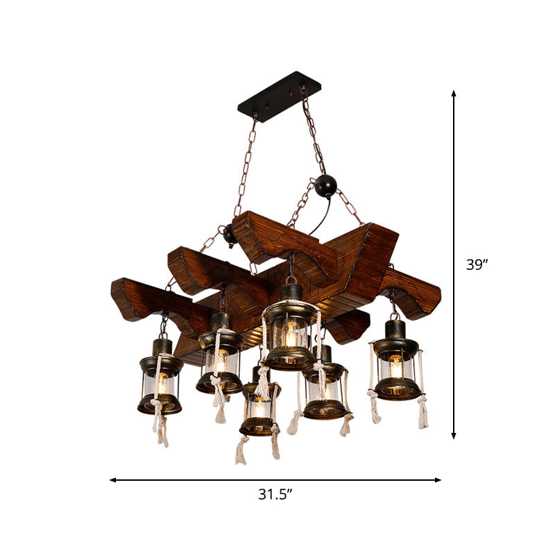 Lustre industriel en verre transparent avec accents en bois pour plafond de restaurant - Lampe suspendue lanterne à 4/6 têtes
